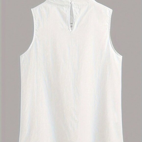 White Elegant Women's High Collar Sleeveless Loose Lace Trim Blouse - Picture 2 of 5